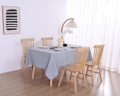 European Linen Tablecloth 60x108 Inches Blue Stripe - Rectangular, Machine Washable, 8-10 Sets