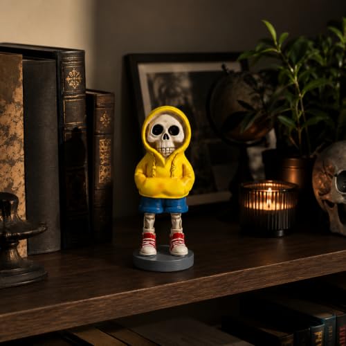 Yellow Hoodie Skeleton Figurine Decor - 5.1 Inch Gothic Halloween Shelf Statue