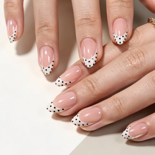 Short Almond Press-On Nails - Glow In The Dark Polka Dot French Nails 4D Luminous Dottie