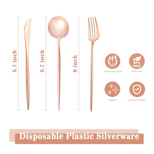 150PCS Rose Gold Plastic Silverware Set - Heavy Duty Disposable Utensils for Parties