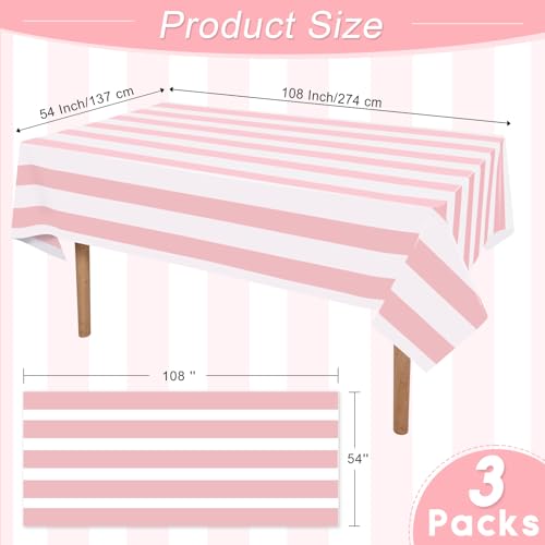 Pink and White Striped Tablecloths 54x108 Inches - 3 Pack, Waterproof & Disposable, Vertical Pink Stripe