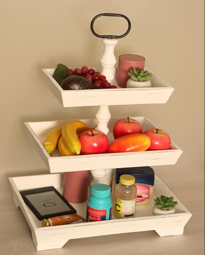3-Tier Rectangle Serving Stand with Rustic Farmhouse Style and Metal Handle