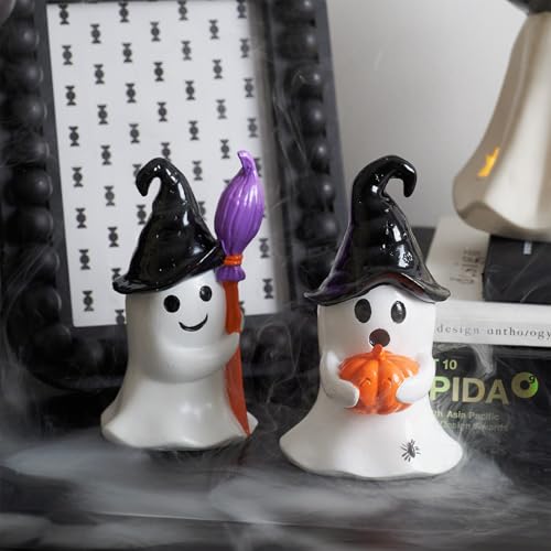 Halloween Ghost Figurines Set of 2 - Indoor Table Decor, White Black Orange Variations