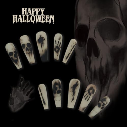 Halloween Matte Coffin Fake Nails with Skull & Shadow Design - Style 878, 24 pcs