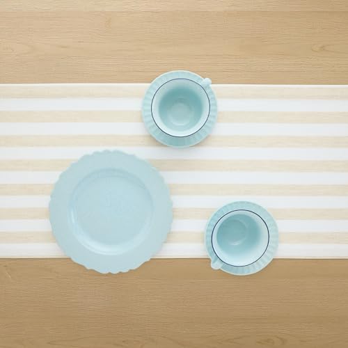 Solino Home 100% Linen Table Runner - Natural & White Striped, 14x120 Inches - Handcrafted European Flax