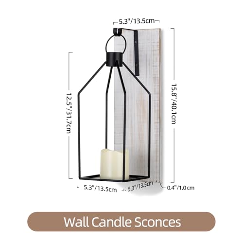 Washwhite Farmhouse Wall Candle Sconce Set of 2 with Wooden Boards & Metal Lanterns