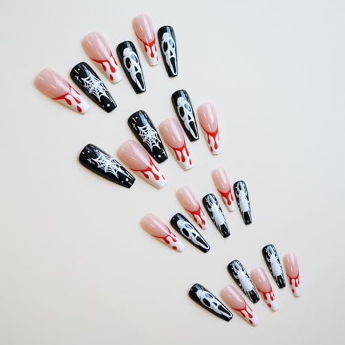 Halloween Nails with Blood Drop & Ghost Designs - Long Coffin Fake Nails - Variation 11