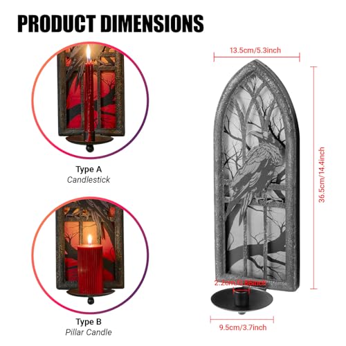 Crow Gothic Wall Candle Sconce Set of 2 - Wrought Iron Candelabra with Removable Trays for Taper & Pillar Candles, Medieval Cathedral Window Design, Dark Academia Decor