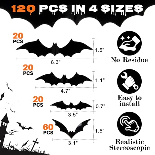 Halloween Bat Wall Decals Set - 120 3D Black Stickers for Indoor & Outdoor Decor