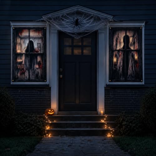 Halloween Window Decorations 2-Piece Scary Door Cover Curtains - Spooky Door Panel Set