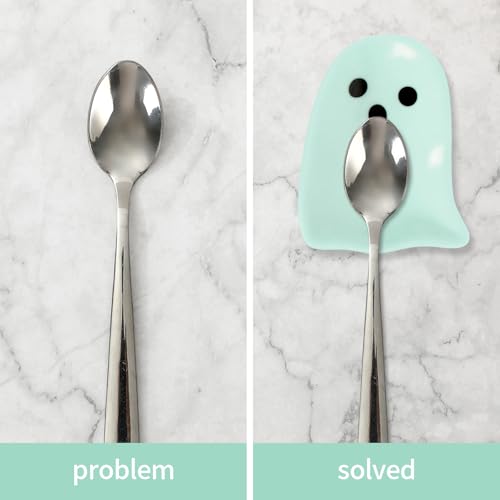 Halloween Ghost Ceramic Spoon Rests Set - White Pink Purple Blue, 4 Pcs Mini Coffee Spoon Holders with Expressions