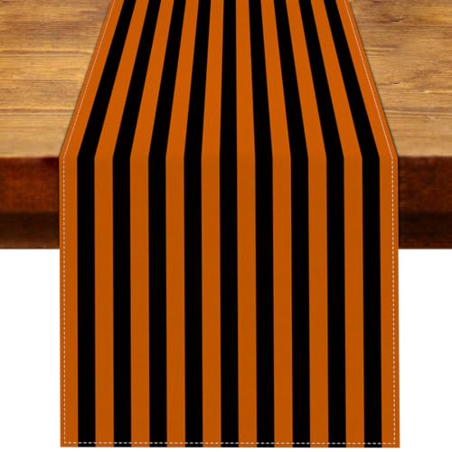 Halloween Orange Black Striped Table Runner - 13 x 72 Inches, Fall Carnival Decor