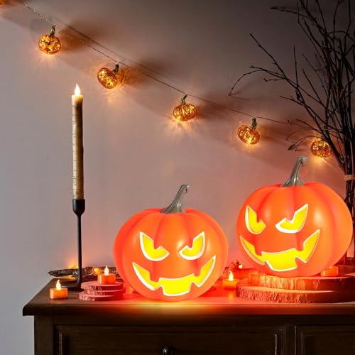 2 Pack Light-Up Halloween Jack O Lantern Pumpkins - Indoor Outdoor Decor