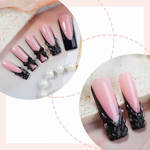 BABALAL ANV05 Long Square Fake Nails Black Goth French Tip 3D Texture Set - Bow Charm 24Pcs