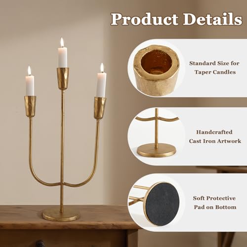 Vintage Cast Iron Candle Holder for 3 Taper Candles - Antique Gold Table Centerpiece