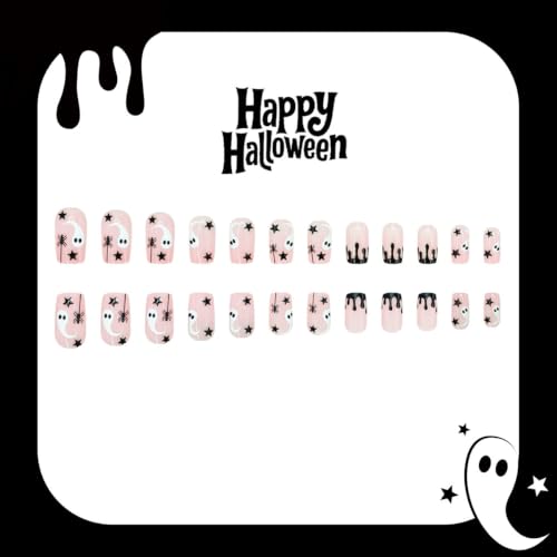 Halloween Press On Nails - Medium Square Ghost Spider Star Style-45