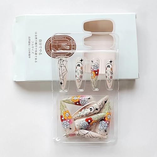 Halloween Long Almond Press-On Nails with Stars Spider Web Ghost Designs - Q24