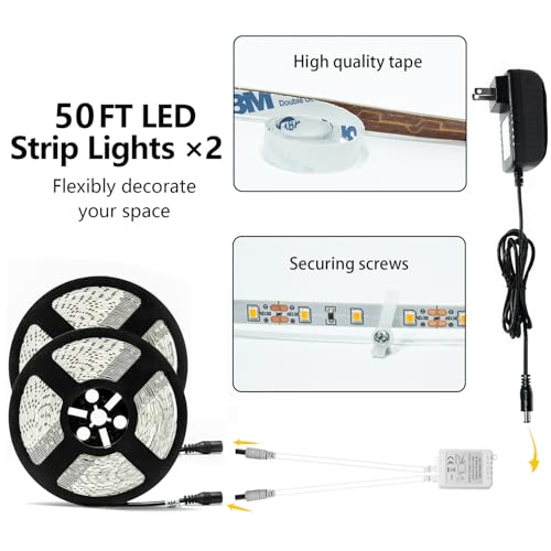 Warm White LED Strip Lights 12V 50ft Dimmable Kit - 600 Inches with Remote & Power Supply