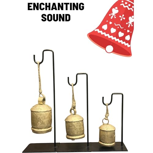 Rustic Handmade Christmas Cowbell Set with Metal Stand - Holiday Home Decor