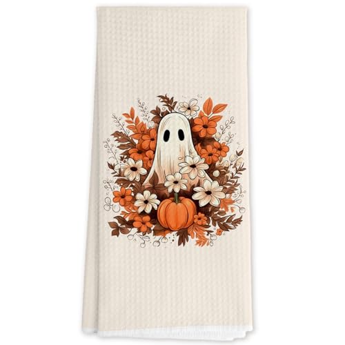 Halloween Fall Kitchen Towels with Rustic Floral Pumpkin Ghost Design - Section 9 - 16x24 Inch