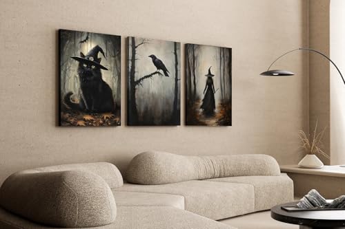 Halloween Wall Art Set Gothic Paintings Black Cat Crow Witch Canvas 16x12 Inches