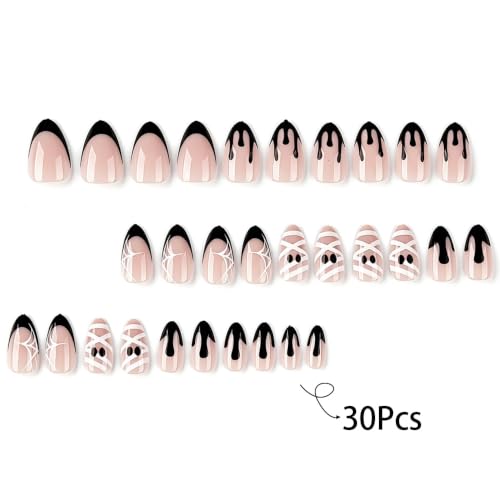 Halloween Short Almond Press On Nails - Cute Mummy Spiderweb, Variation Color39
