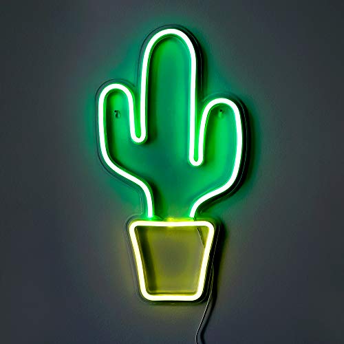 LED Neon Green Cactus Wall Sign with Yellow Planter 19x10 Inches - Indoor Decor