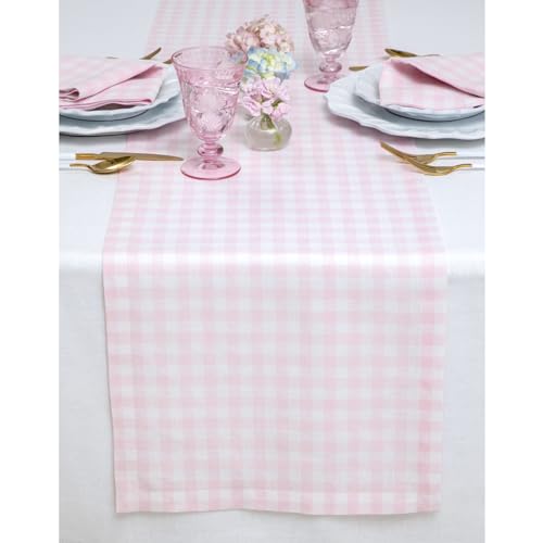 Marshmellow Pink Gingham Linen Table Runner 14 x 132 Inches - Pure European Flax