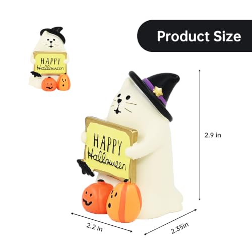 Halloween Ghost Cat Figurine - Cute Spooky Decoration with Witch Hat & Pumpkin - Mini Resin Halloween Gift - Ghost Variation