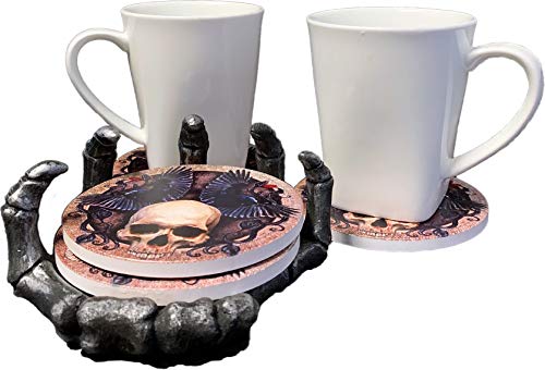 Gothic Skull Coaster Set with Skeleton Hand Holder - Halloween Bar Decor