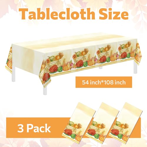 Childom 3 Pack Thanksgiving Plastic Tablecloths 54x108 Inch - Fall Harvest Decor