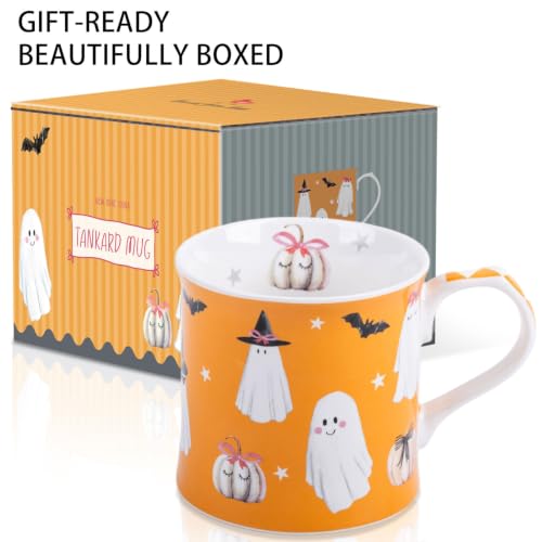 Halloween Ghost Coffee Mug - Modern Orange Ceramic Cup with Pumpkins Bats & Witch Hat - Spooky-Cute Gift
