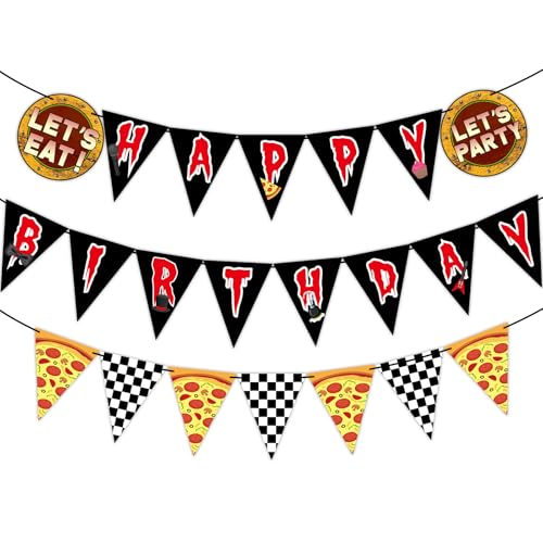 Horror Game Birthday Banner Set - Spooky Checkered Pizza Theme Party Flags