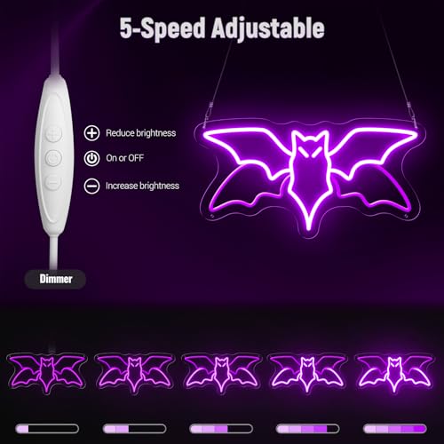 15IN Purple Bat Neon Sign Halloween Wall Decor - 3D Animated LED Light for Bedroom & Party