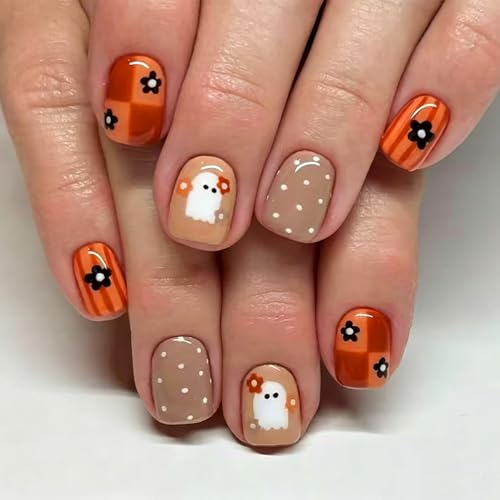Halloween Press On Nails Short Square Polka Dot Ghost Fake Nails - Variation 3