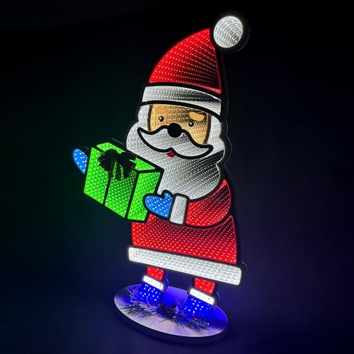 Santa Infinity Mirror Light with Stand - LED Christmas Holiday Decor - USB-Powered 16x24 Inches - Indoor Seasonal Decoration - Santa Variation