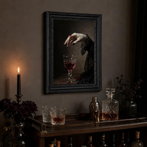 Vampire Wall Art Canvas - Framed Gothic Vampire Wine Glass 11x9 Inches - Anpeer