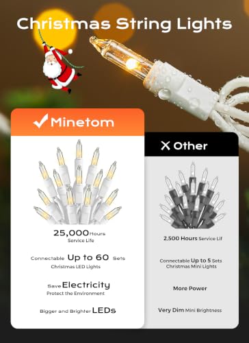 Minetom LED Christmas String Lights 50 Count 10ft Warm White Clear Wire Indoor Outdoor
