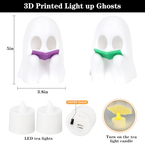 3D Printed LED Ghost Halloween Decor - 5in Indoor Gathering Ornaments - Pack of 2