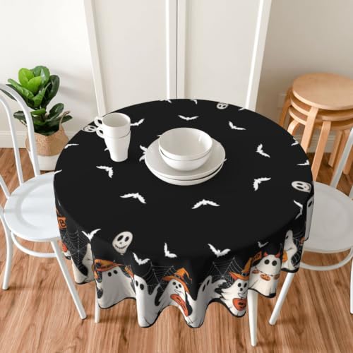 Halloween Round Tablecloth 70 Inch Black White Ghost Pumpkin Bats Fall Decor with Variation
