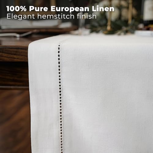 White Linen Table Runner 14 x 120 Inches - Hemstitch European Flax