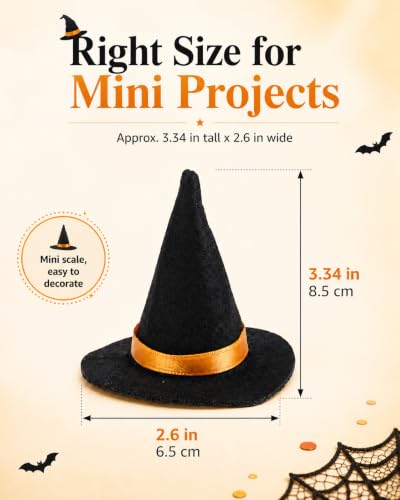 Mini Felt Witch Hats for Crafts - 60 Pack Black Halloween Decorations