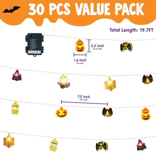 Halloween String Lights Set - 19.7Ft 30 LED Ghost & Pumpkin 3D Designs, Battery Operated with 8 Modes, Indoor Outdoor Decor, Multiple Character Variations