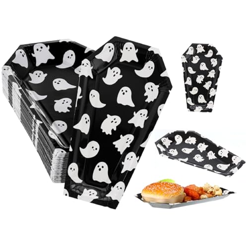 Halloween Coffin Paper Plates Ghost Style Party Tableware - 100 Pack - Spooky Theme