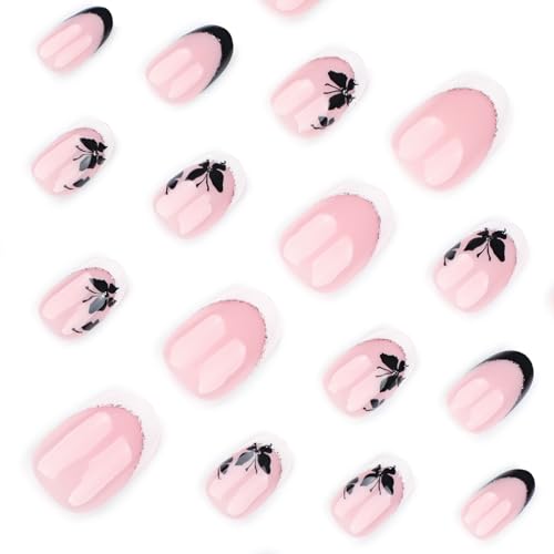 French Tip Press-On Nails Short Oval Fake Nails with Butterfly Design & Sparkling Tips - Variation 62