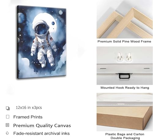Nursery Space Wall Art - Astronaut Space Posters for Boys Room, 12x16 Blue Canvas Set of 3