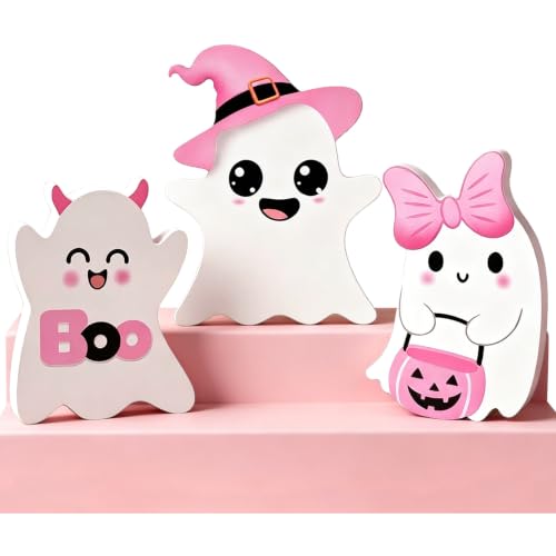Halloween Ghost Decorations Set - 3 Pink Indoor Spooky Decor with Variation D
