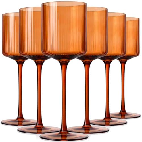 Orange Ribbed Wine Glasses Set of 6 - 11.5oz Stemware for Red & White Wine