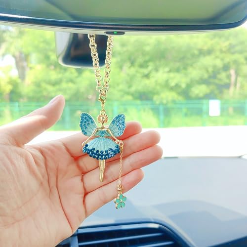 Fairy Blue Sparkling Car Decoration for Women Interior Bling Rearview Mirror Accessory