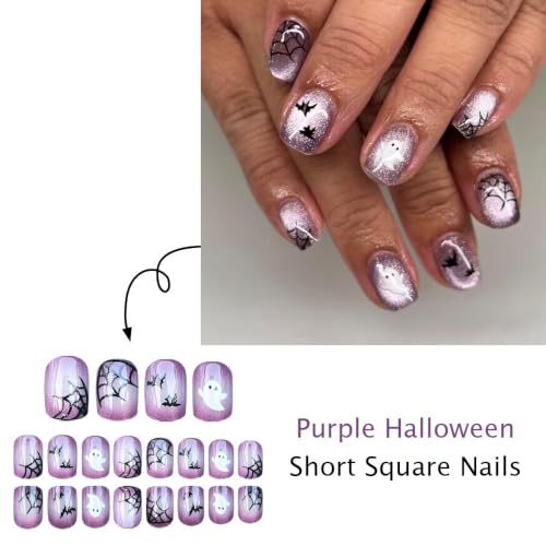 Halloween Short Square Press On Nails with Ghost & Cat Eye Design - Variation 47